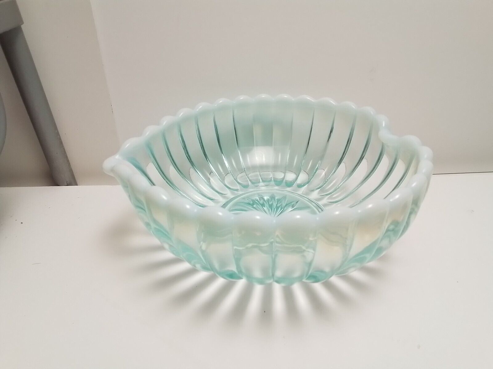 Vintage Fenton Aqua Blue Opalescent Ribbed Heart Shaped Glass Bowl Trinket Dish