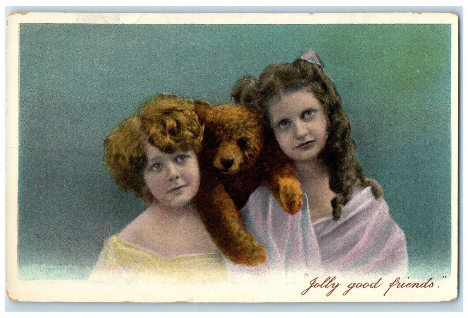 c1910\'s Girls Curly Hair Teddy Beer Jolly Good Friends Unposted Antique Postcard