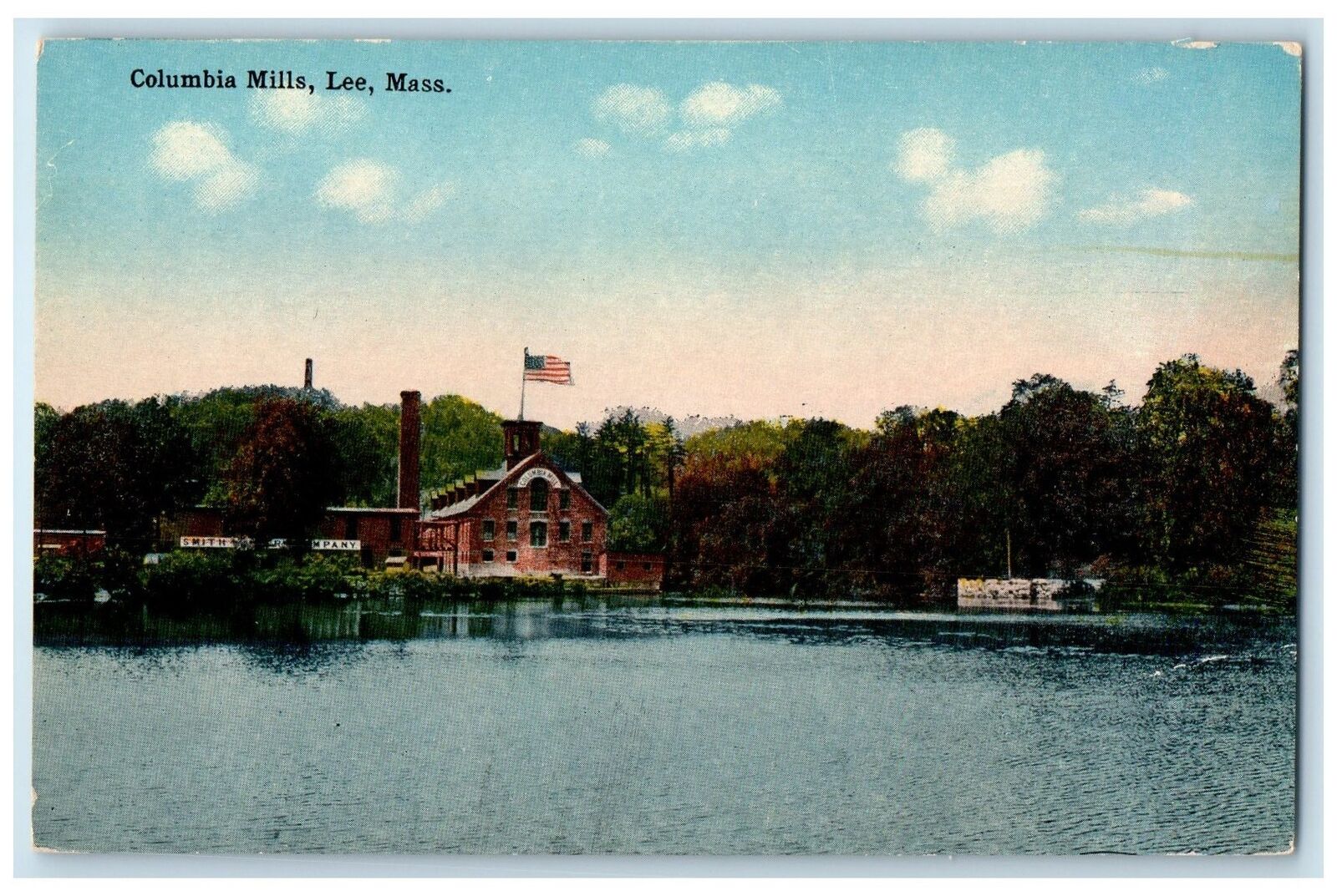c1950's Columbia Mills Building US Flag River Lake Lee Massachusetts MA Postcard