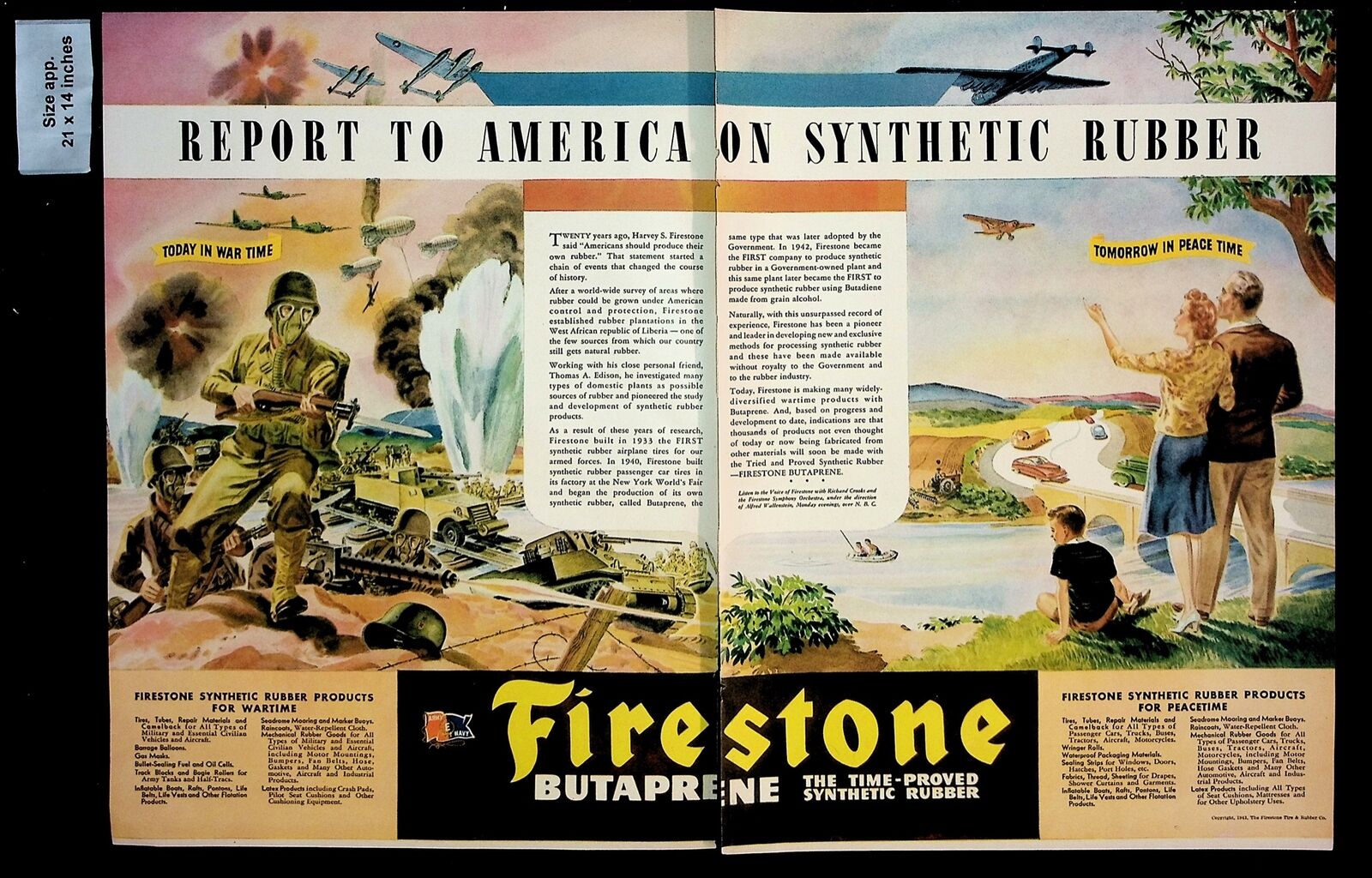 1943 Firestone Butaprene Synthetic Rubber America War Vintage Print Ad 37821