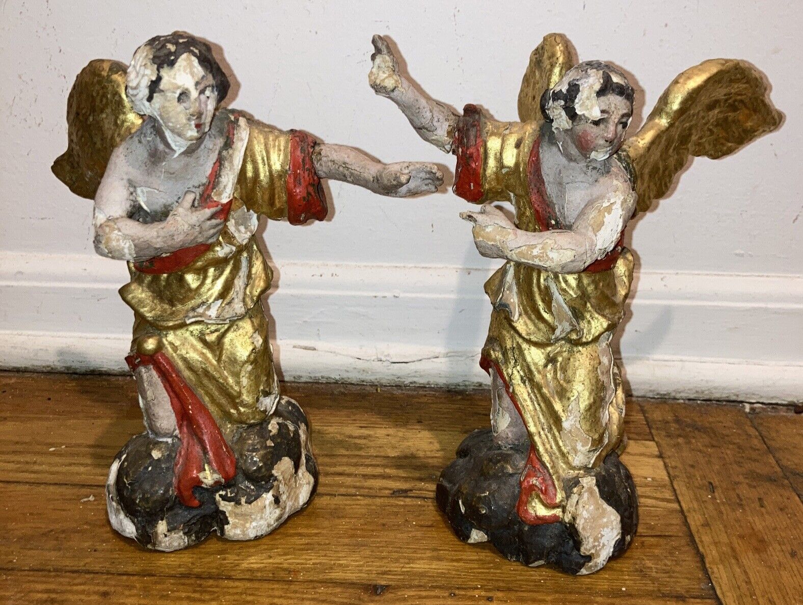 2 Rare Antique 17/18 ThC Colonial Spanish Polychromed Wood Carving Cherub Angels
