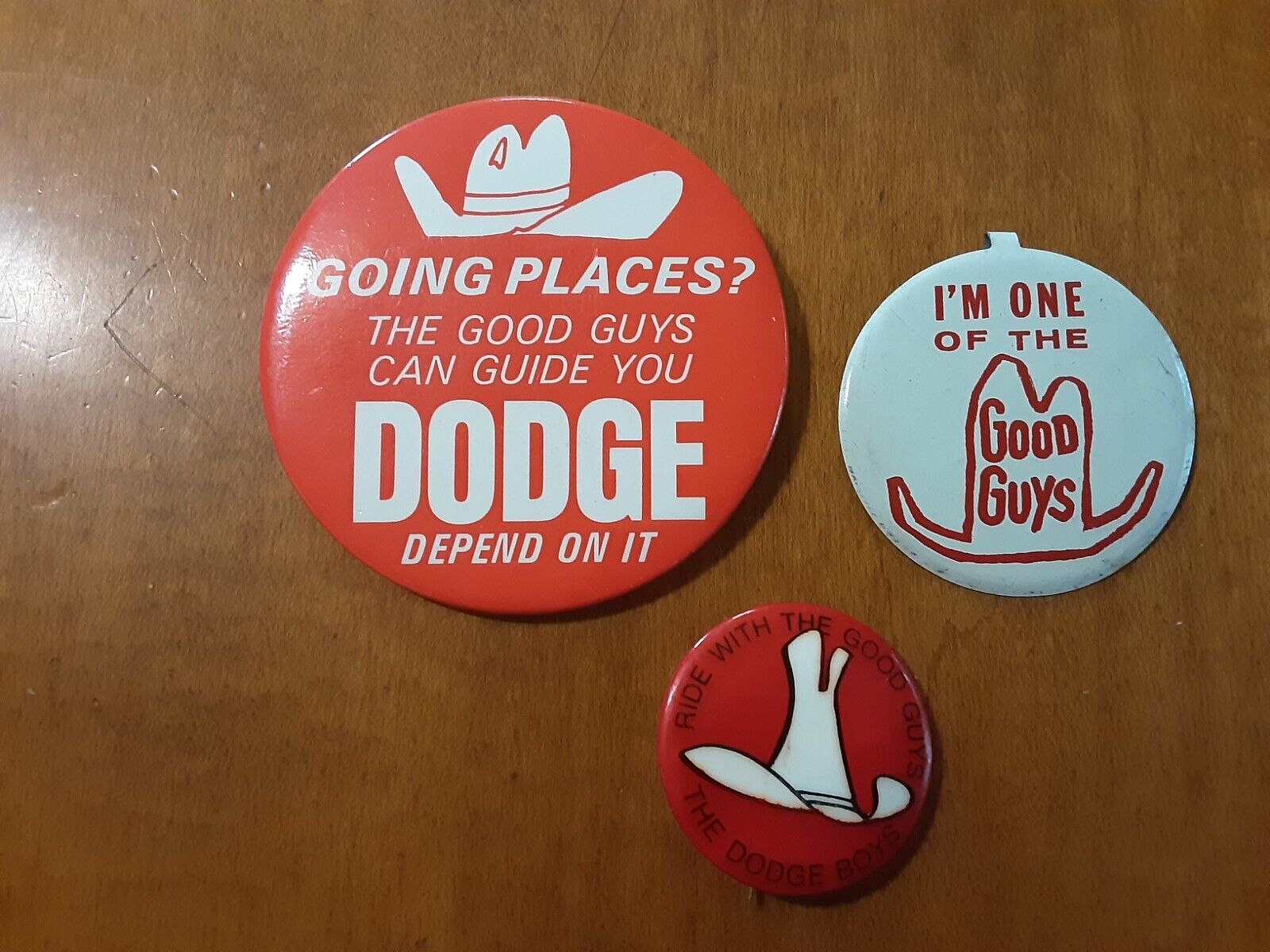 3 VINTAGE DODGE BOYS GOING PLACES I\'M ONE OF THE GOOD GUYS PINS BUTTONS