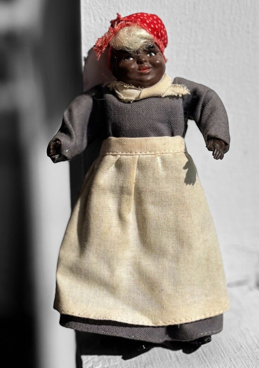 5” African American Folk Art Doll Figurine With Dress, Apron And Bandana 