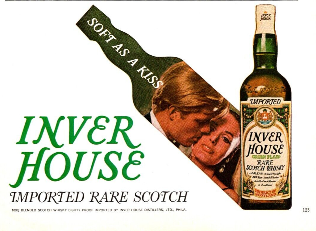 PRINT AD 1968 Inver House Rare Scotch Whisky Soft As A Kiss 8x5