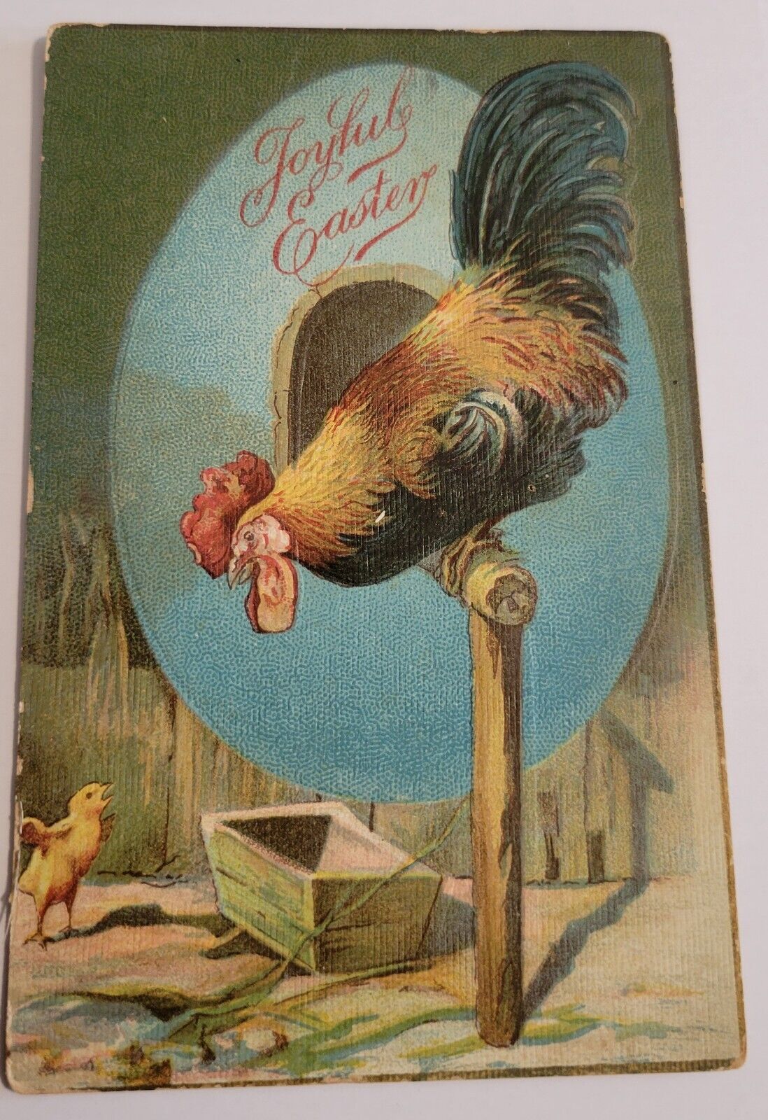 Antique  JOYFUL EASTER Postcard Postmarked 1910 Rooster & Chick E5 