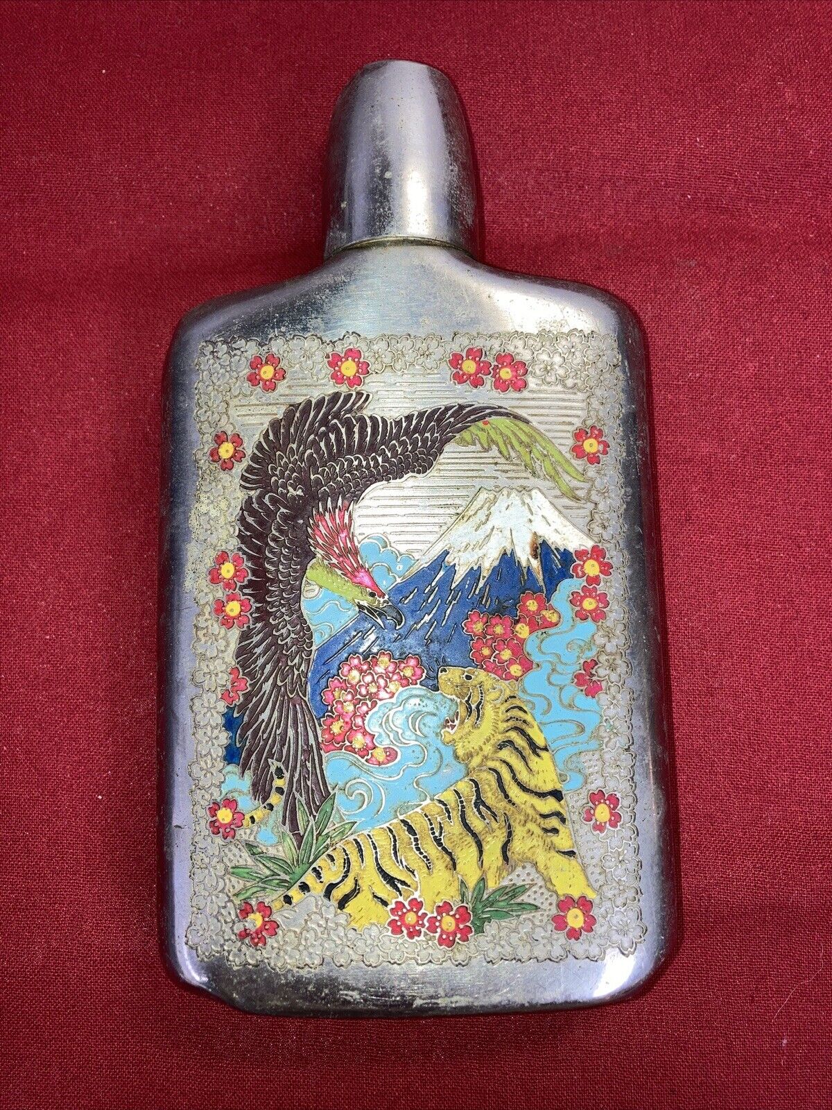 Flask, Post War Japanese Vintage 1950s Engraved Nickle Plated Brass Eagle Tiger