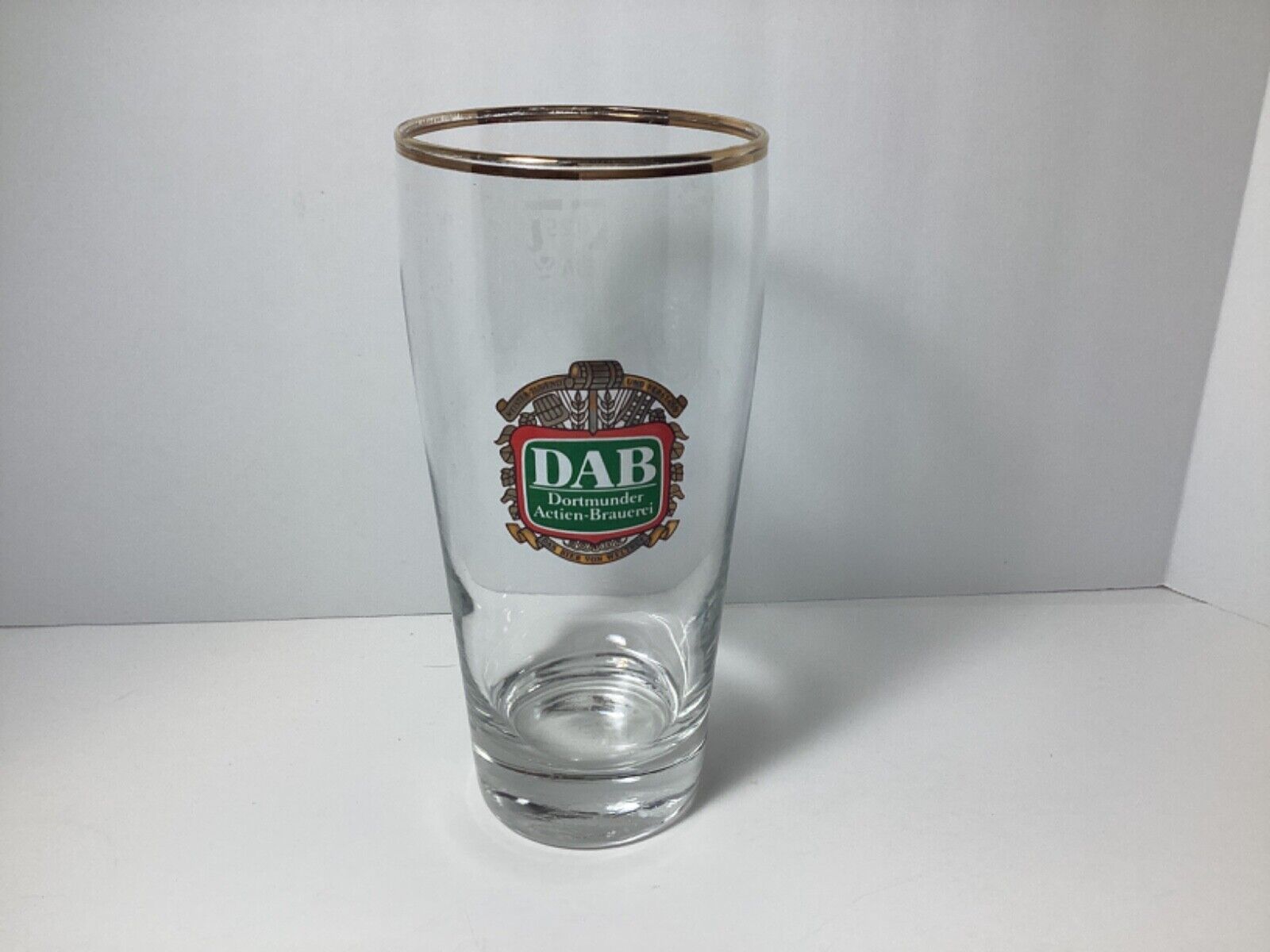 Beer Glass DAB Dortmunder Actien-Brauerei .25 Beer/Drinking Glass Gold Rim 5.5”