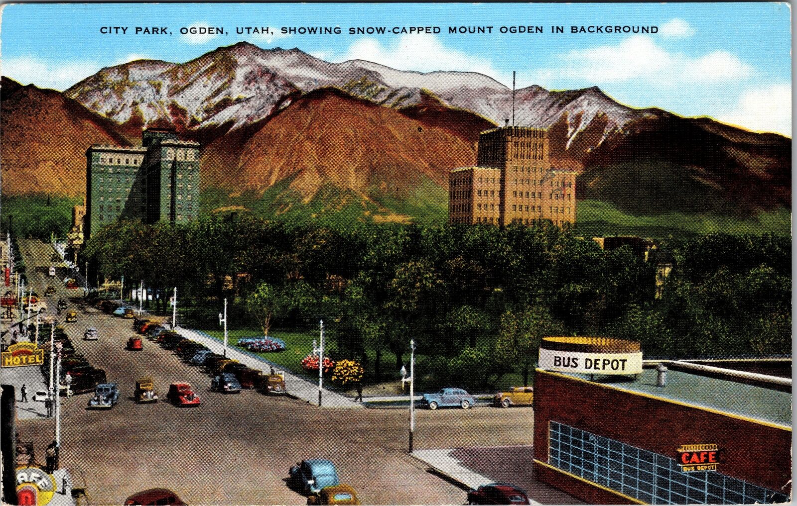 Ogden UT-Utah City Park, Bus Depot, Hotel, Mt. Ogden Period Cars Linen Postcard