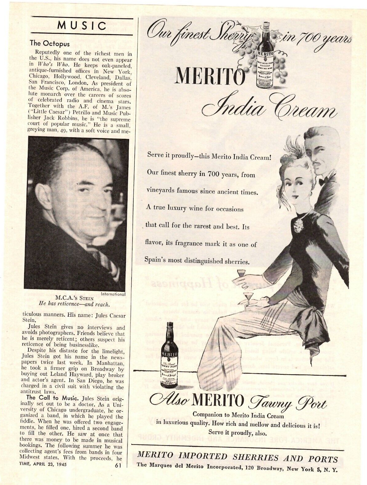 1945 Print Ad Merito Imported Sherries & Ports India Cream Our Finest in 700 Yrs