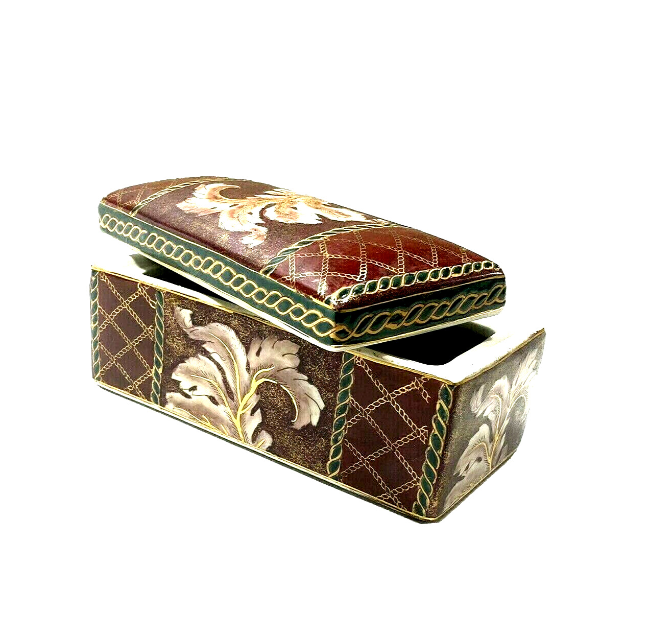 Vintage 1960s Asian Trinket Box Ceramic Glass Burundy Green Gold Vanity Decor