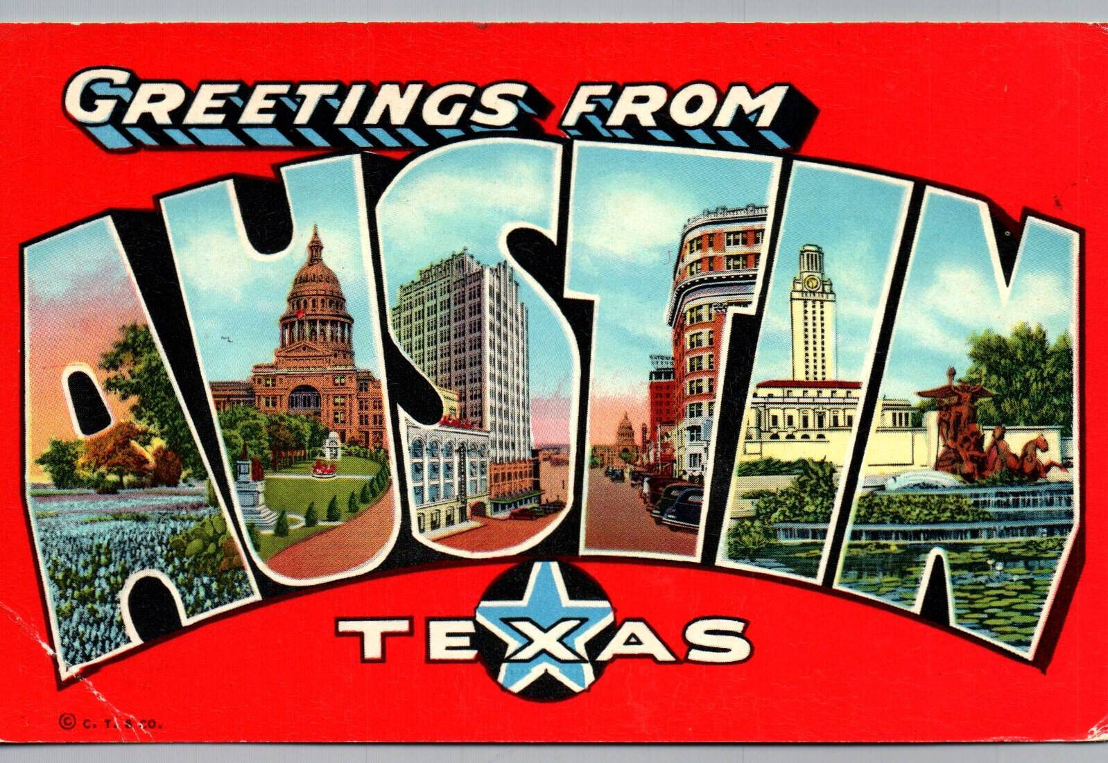 Austin Texas Postcard CHROME Vintage Greetings from Large Letter TX Corner Bend