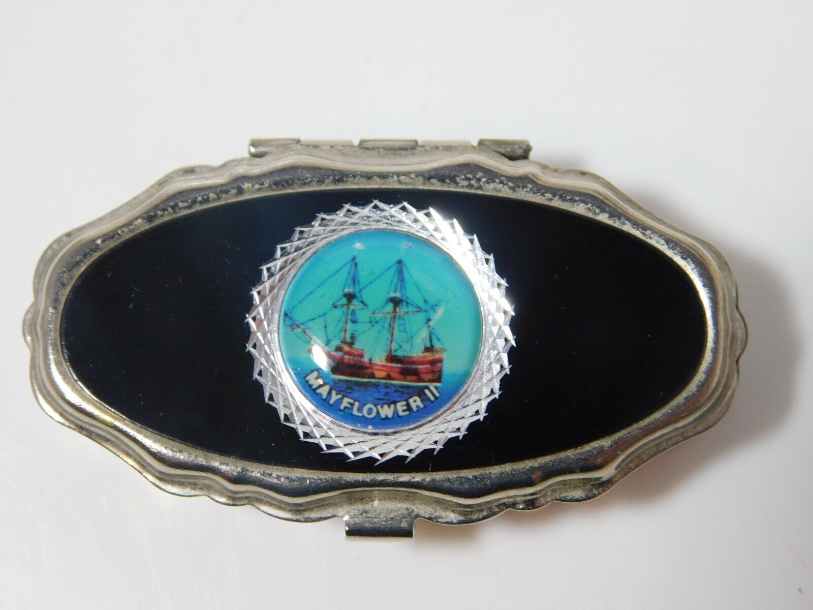 Vintage Mini Pocket Size Mayflower II Black Enamel Silver Tone Pill Case Cd73