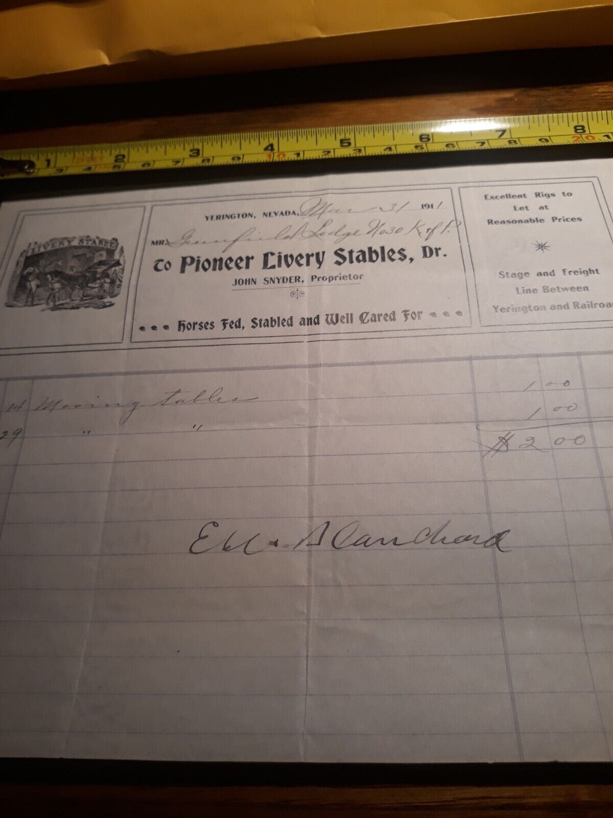 Yerington nevada Pioneer Livery Stables Reciept  1911