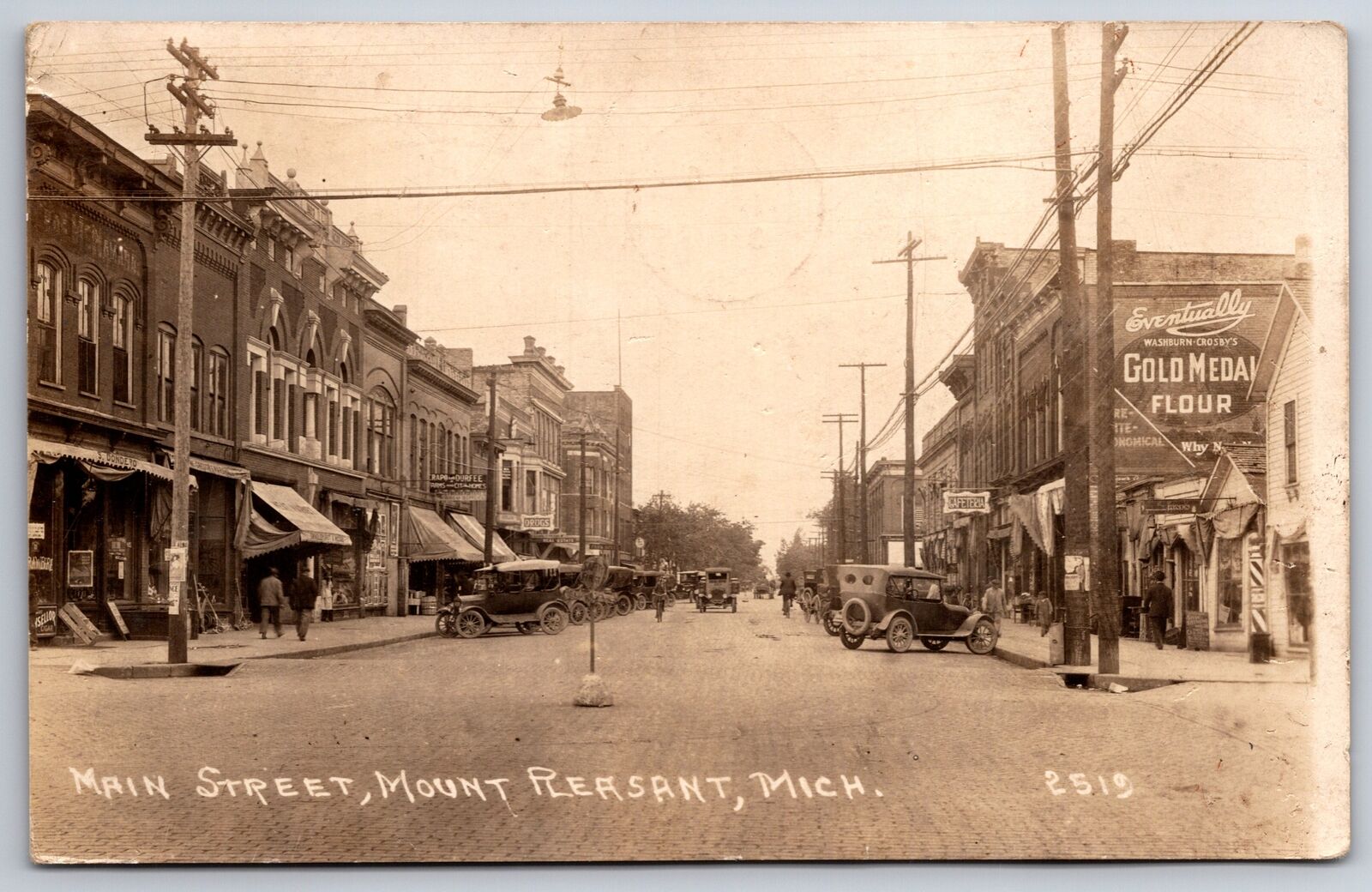 Mt Pleasant Brick Main St~Safety 1st Sign~Push Mowers~Cafeteria~Barber Pole RPPC