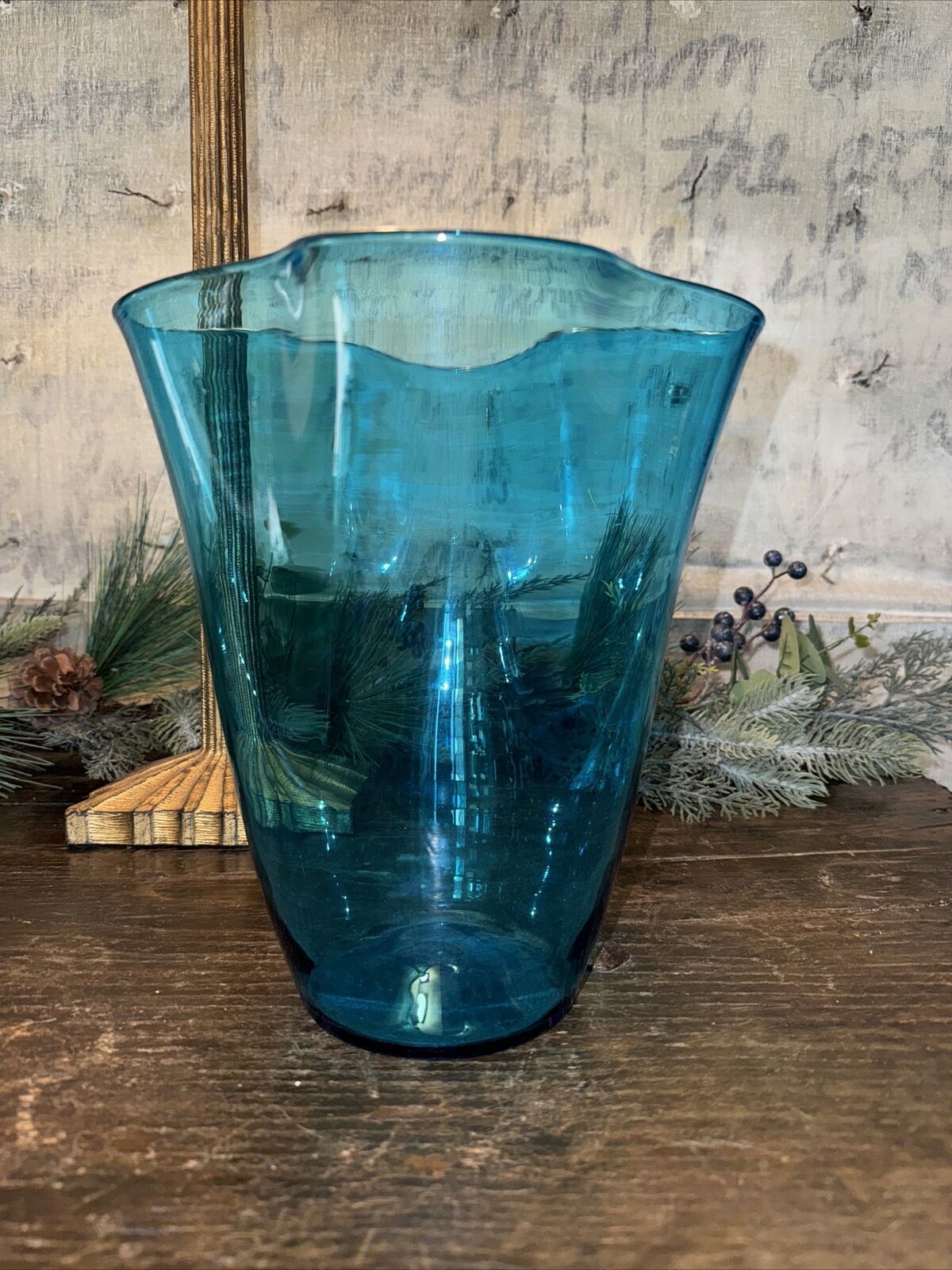Vintage Blenko Large 404s Turquoise Handkerchief Vase MCM 10” Hand Blown
