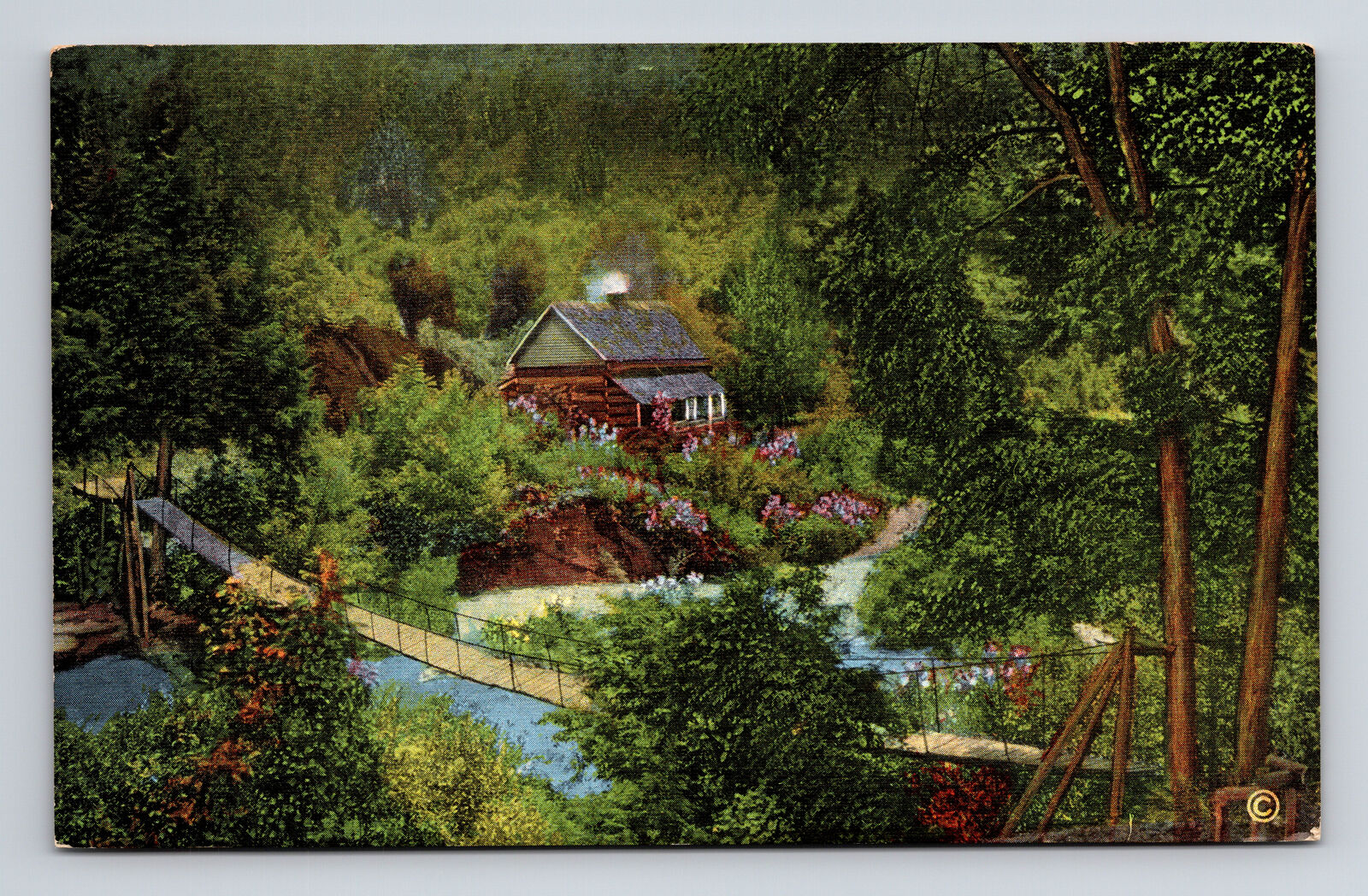 Art Postcard Smoky Mtns Cabin in the Woods Hanging Bridge