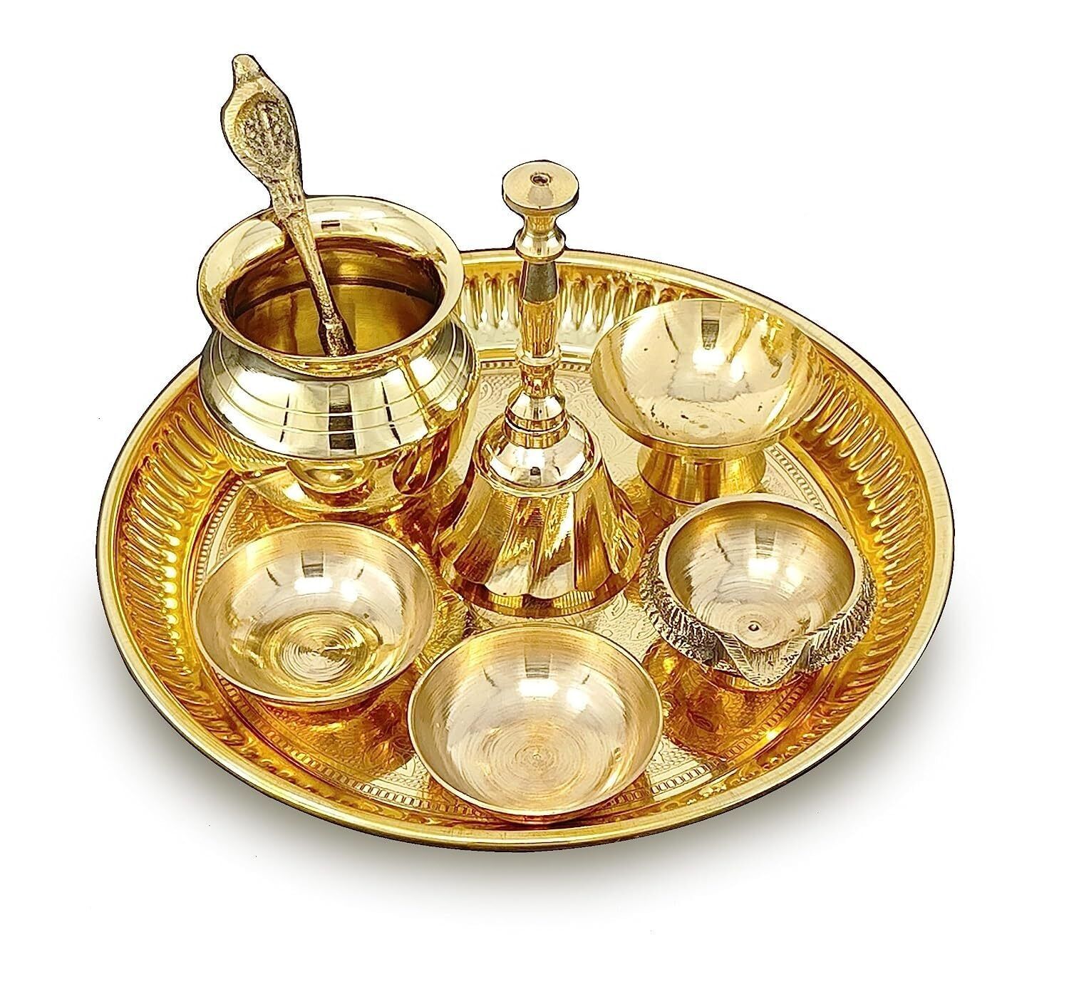 Brass Pooja Thali Set Small 6 Inch Puja Thali with Pital Plate Chandan