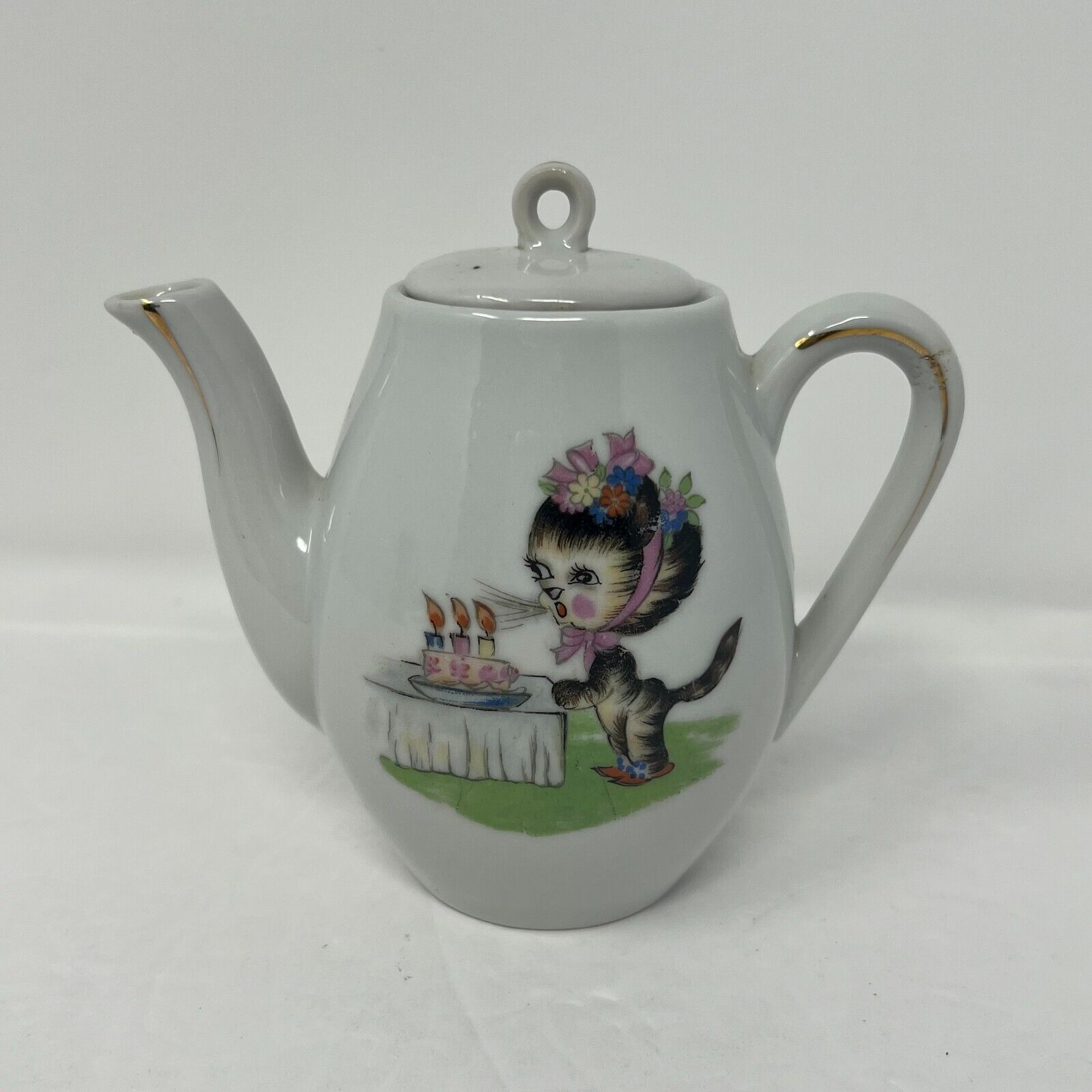 Vintage Japanese Porcelain Mini Teapot w/Lid  Cat and Flower Design Granny Core 