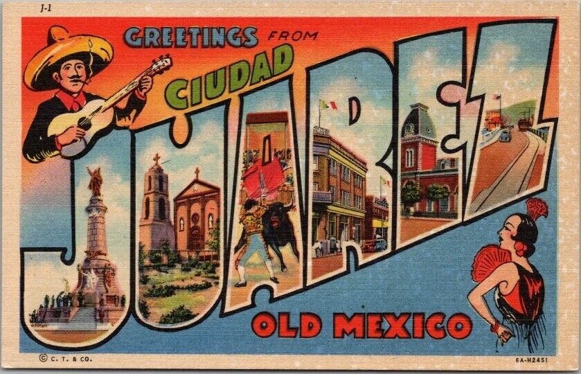 Vintage CIUDAD JUAREZ Mexico Large Letter Postcard Curteich Linen - c1936 UNUSED