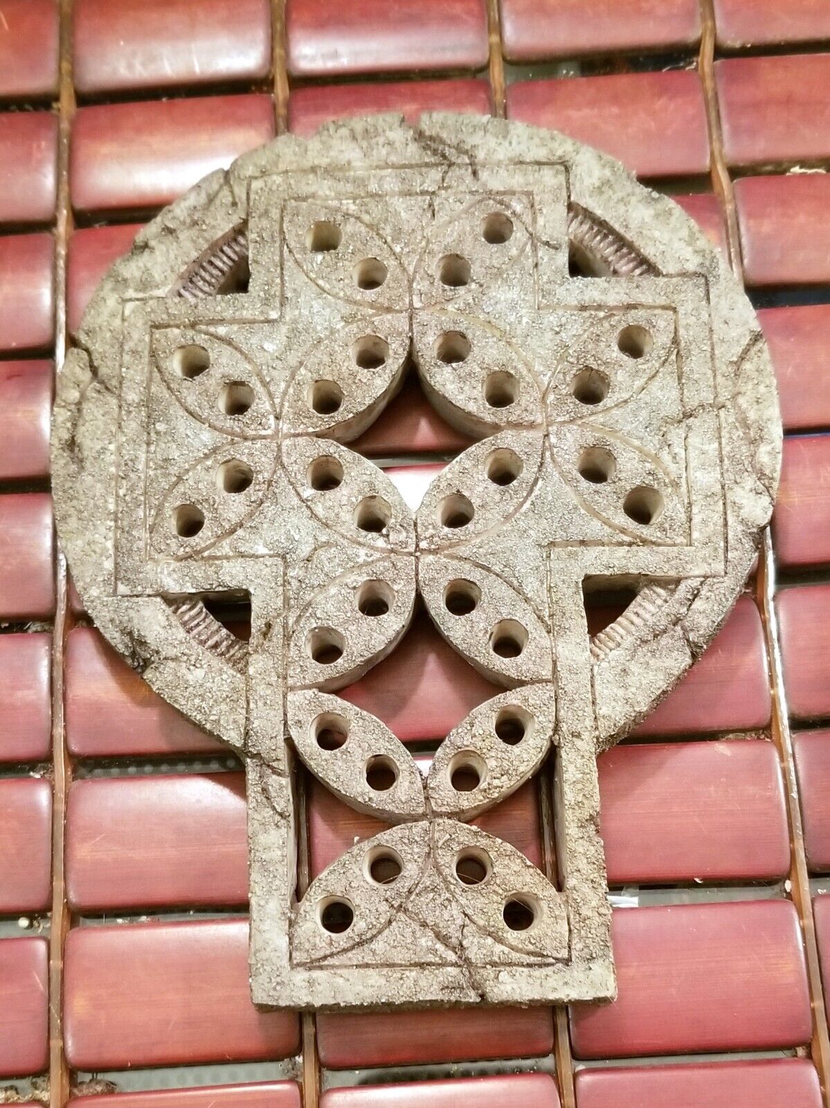 Vintage Gray Distressed Stone-Look Celtic Cross with Geometric Pattern 7.25\