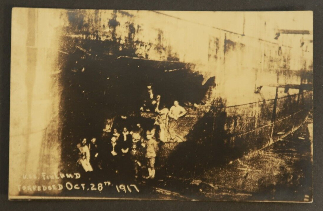 U.S.S. Finland Torpedoed October 28th 1917 Postcard RPPC Ocean Liner Ship Boat