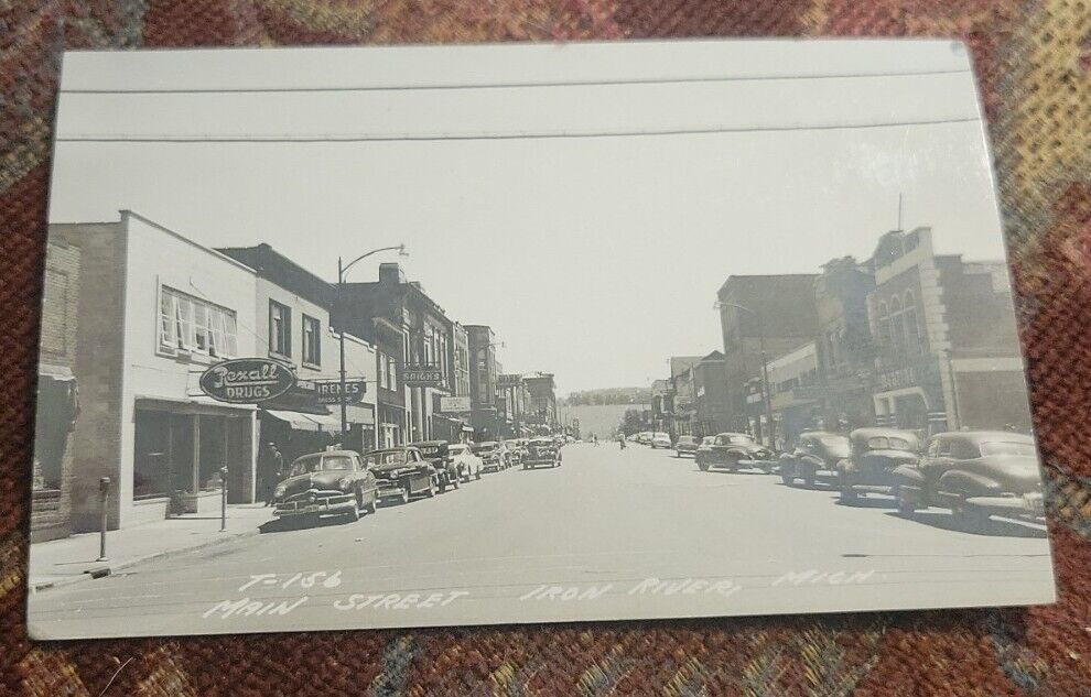Vintage Iron River Michigan Photo Postcard Main Street 