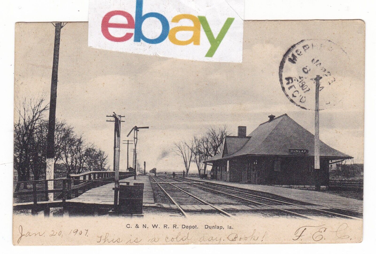 1907 DUNLAP IOWA C & NW RAILROAD STATION DEPOT TRAIN VINTAGE POSTCARD IA OLD 