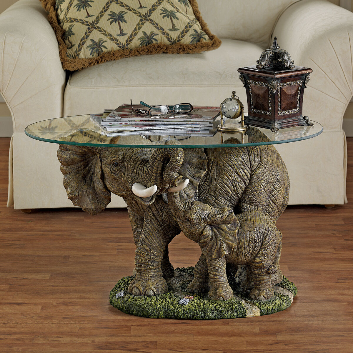 Mother and Calf African Elephant Oval Glass Top Side Occasional Cocktail Table