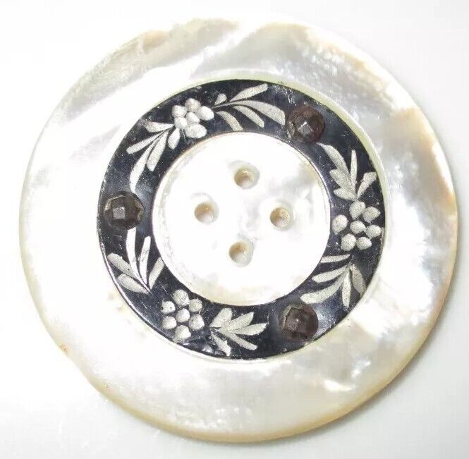 LG ANTIQUE MOP MOTHER OF PEARL BUTTON w RING OF BRIGHT CUT METAL  FLOWERS 1 5/8\