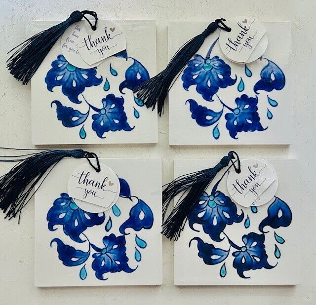 Set/4 Turkish Ceramic Tile Coasters Blue White Swirl Flowers Handpainted  Iznik