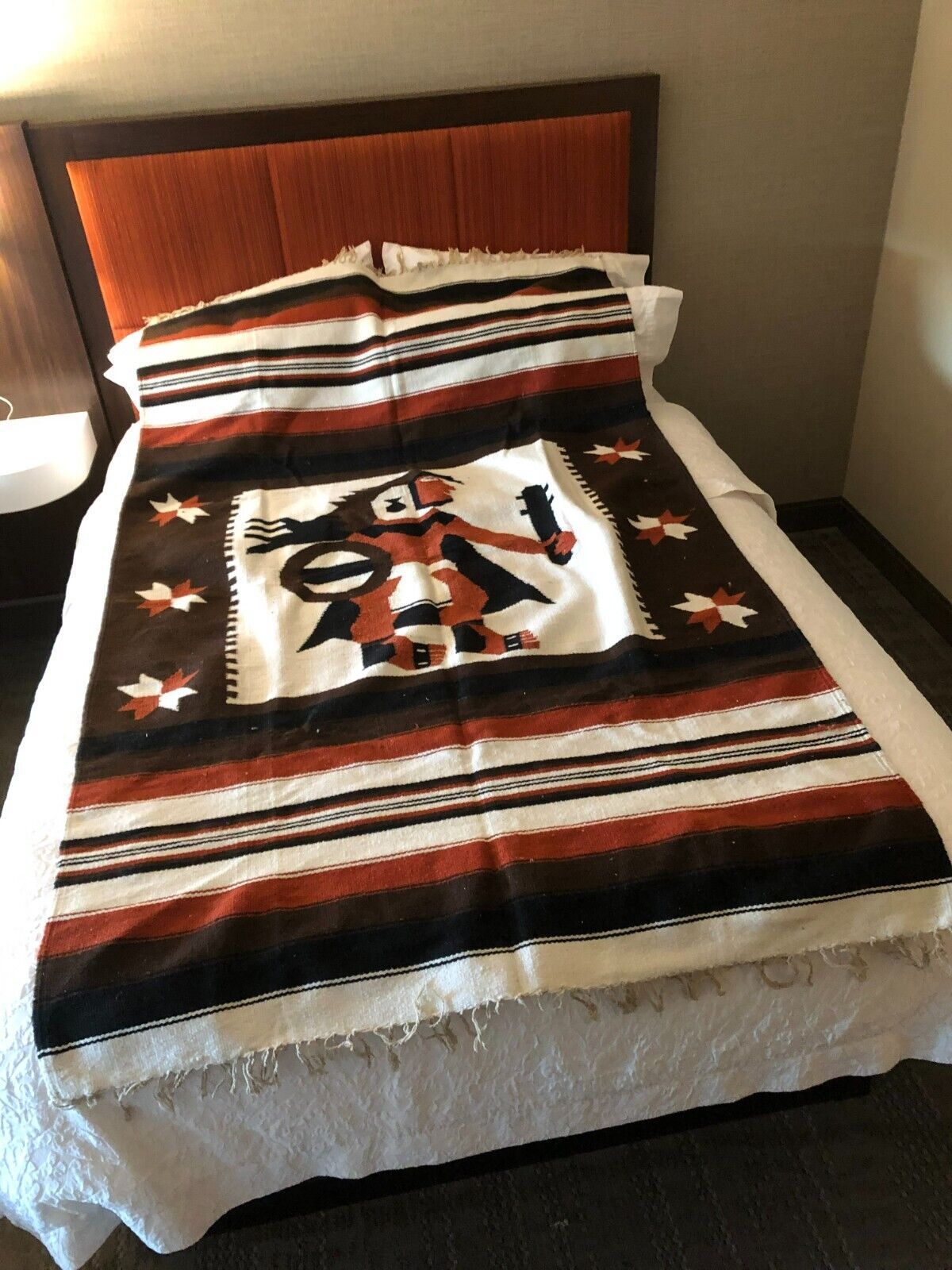 Vintage Native American warrior wool blanket rug 48x84