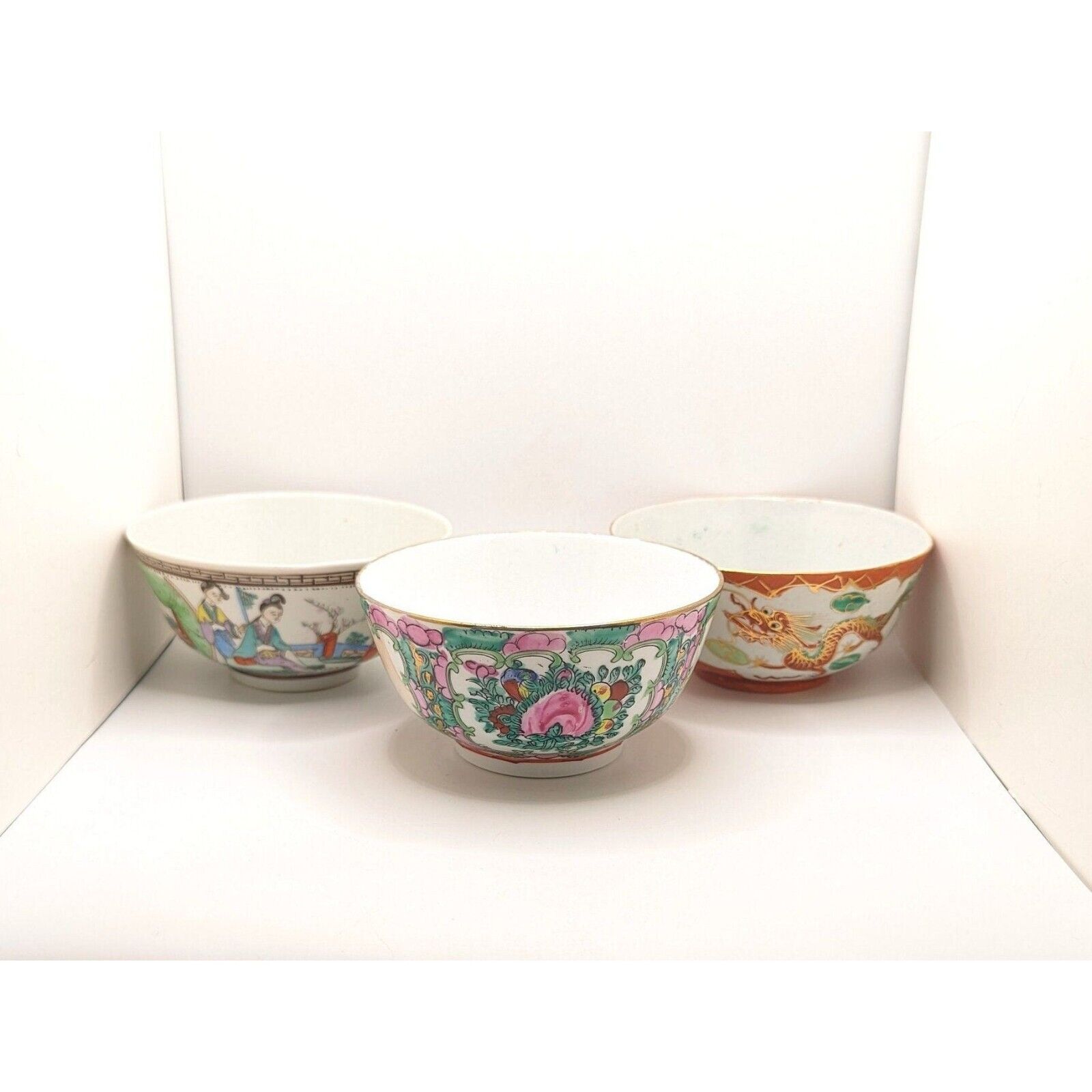 3 Vintage Porcelain Decorative Asian Small Bowl Bowls Hand Painted Floral Flower