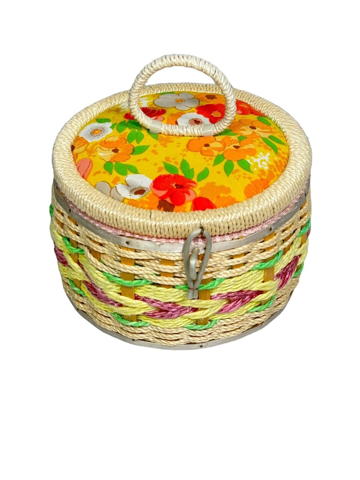 Vintage Woven Round Wicker Sewing Basket Floral Lid Lined Made in Korea 4\