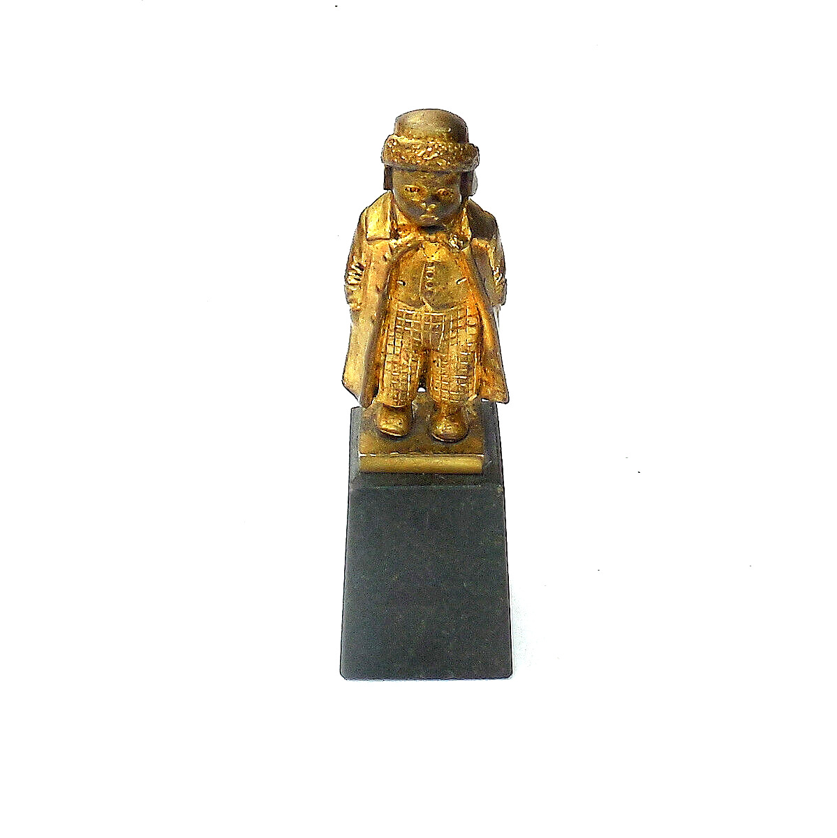 Antique Gilt BRONZE Miniature Figurine of a Young Boy on Black Marble Base c1910