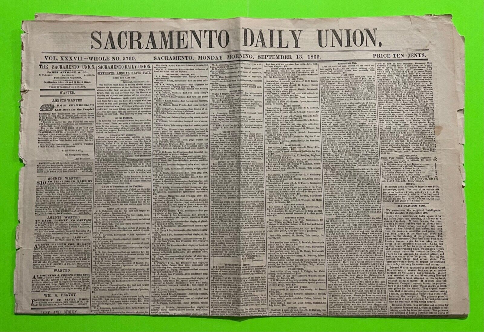 SACRAMENTO DAILY UNION : SEPTEMBER 13 1869 VINTAGE NEWSPAPER POST CIVIL WAR ERA
