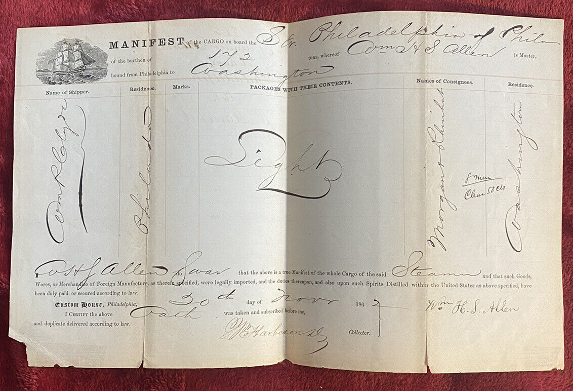 Antique 1862 Steamer Philadelphia Cargo Manifest Document, Pennsylvania to DC