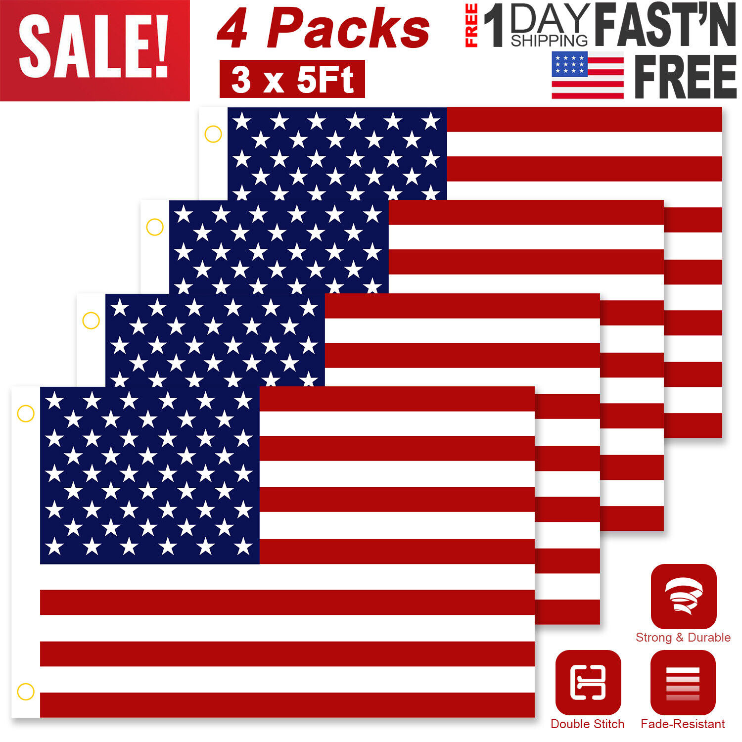 4 Pack 3'x 5'FT USA US U.S. American Flag Polyester Stars Brass Grommets US Flag