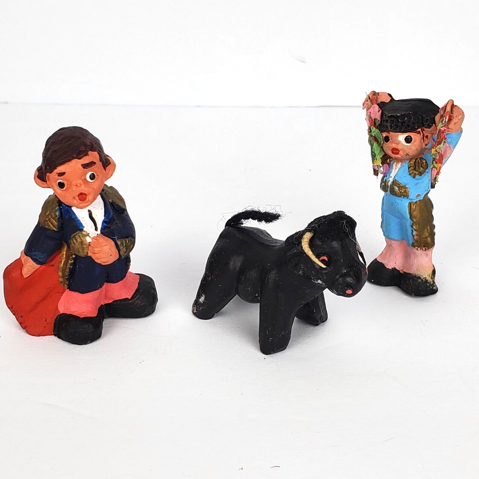 3 Vintage 60\'s Figuras Alborox Spanish Terra Cotta Matadors & Bull Figurines
