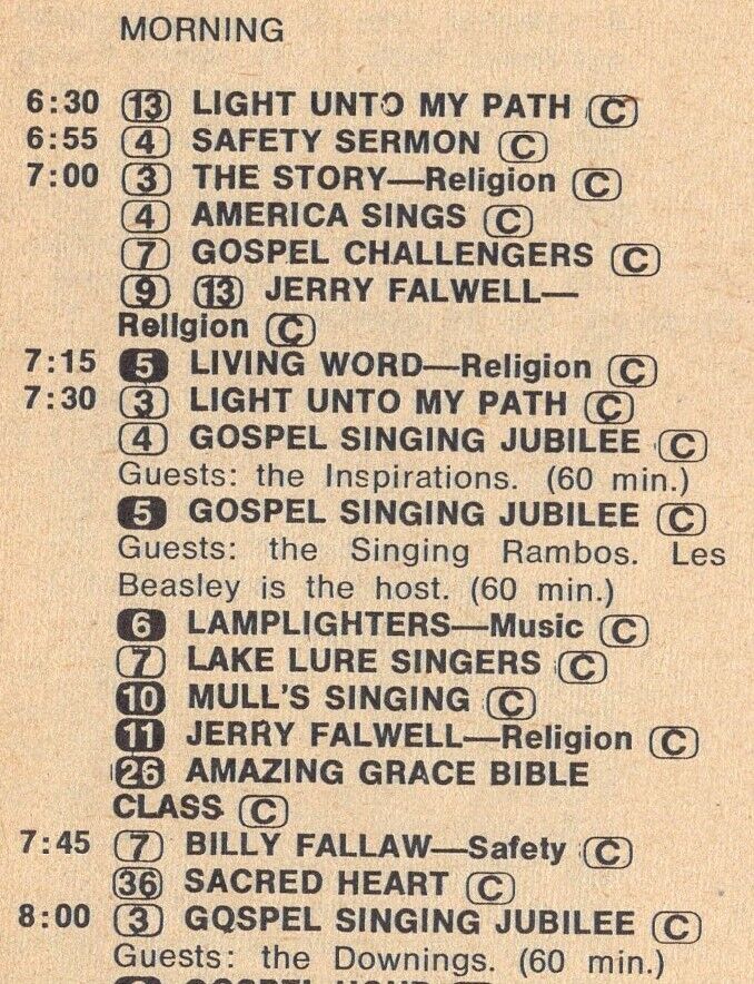 1972 TV LISTING ~ THE SINGING RAMBOS ~ THE DOWNINGS ~ THE INSPIRATIONS ~ GOSPEL
