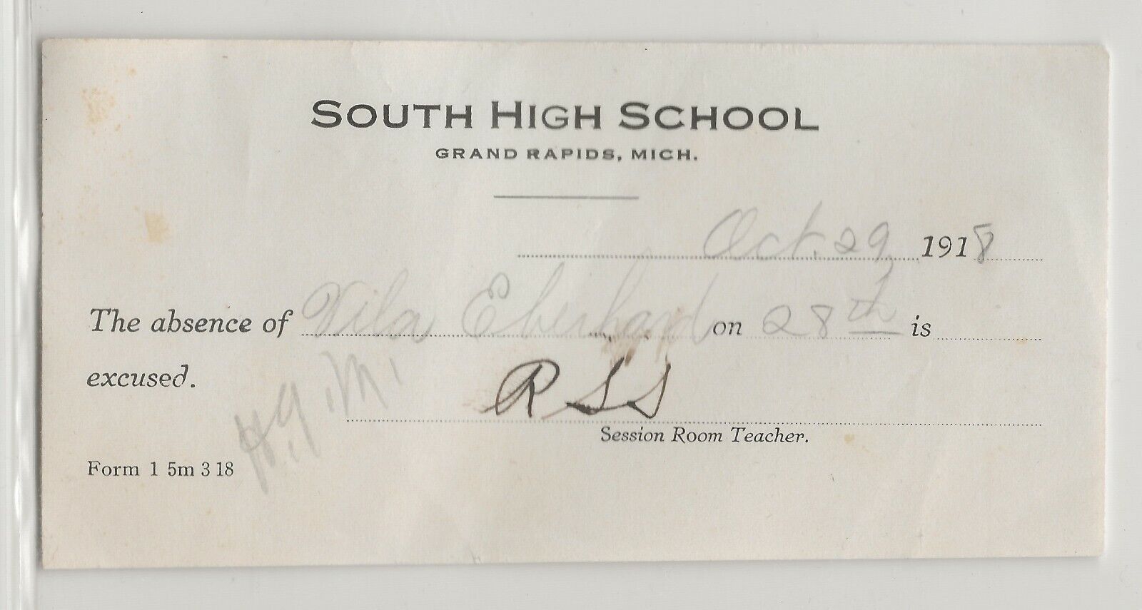 1918 Grand Rapids South High School pass for student absence 
