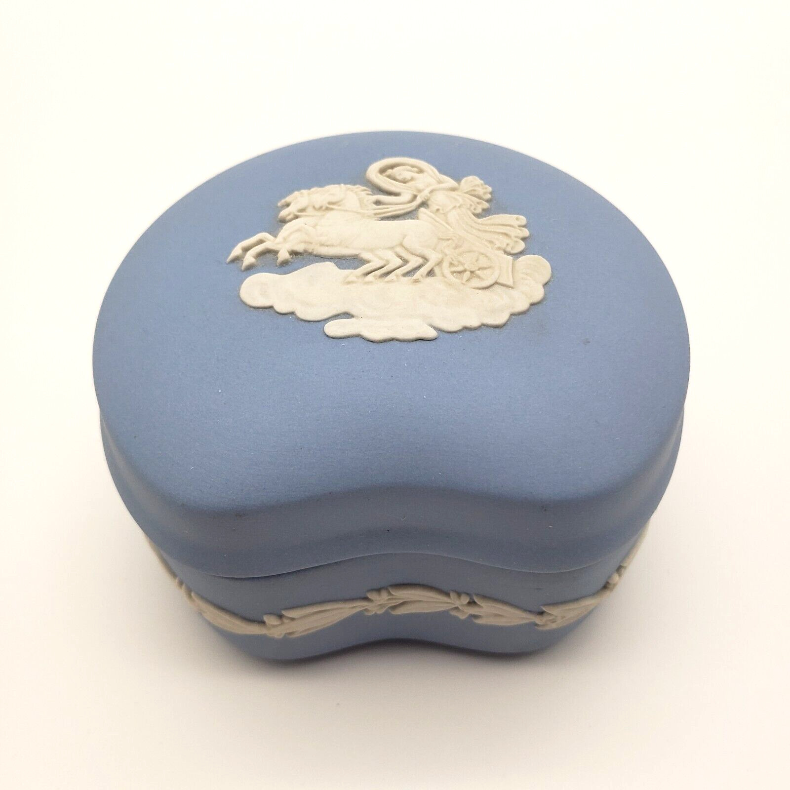Vintage Wedgewood Blue White Bean Shaped Jasperware Trinket Box Made in England