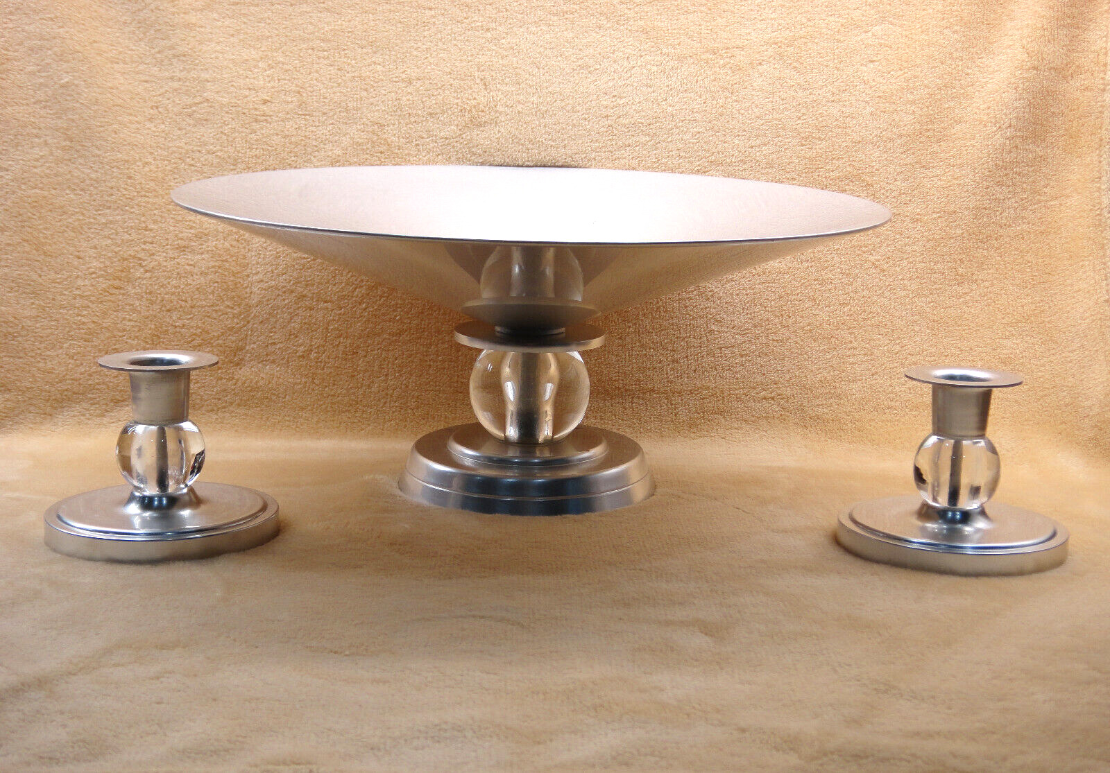 Vtg MCM Aluminum and Lucite Compote Bowl and Taper Candle Holders by KENSINGTON
