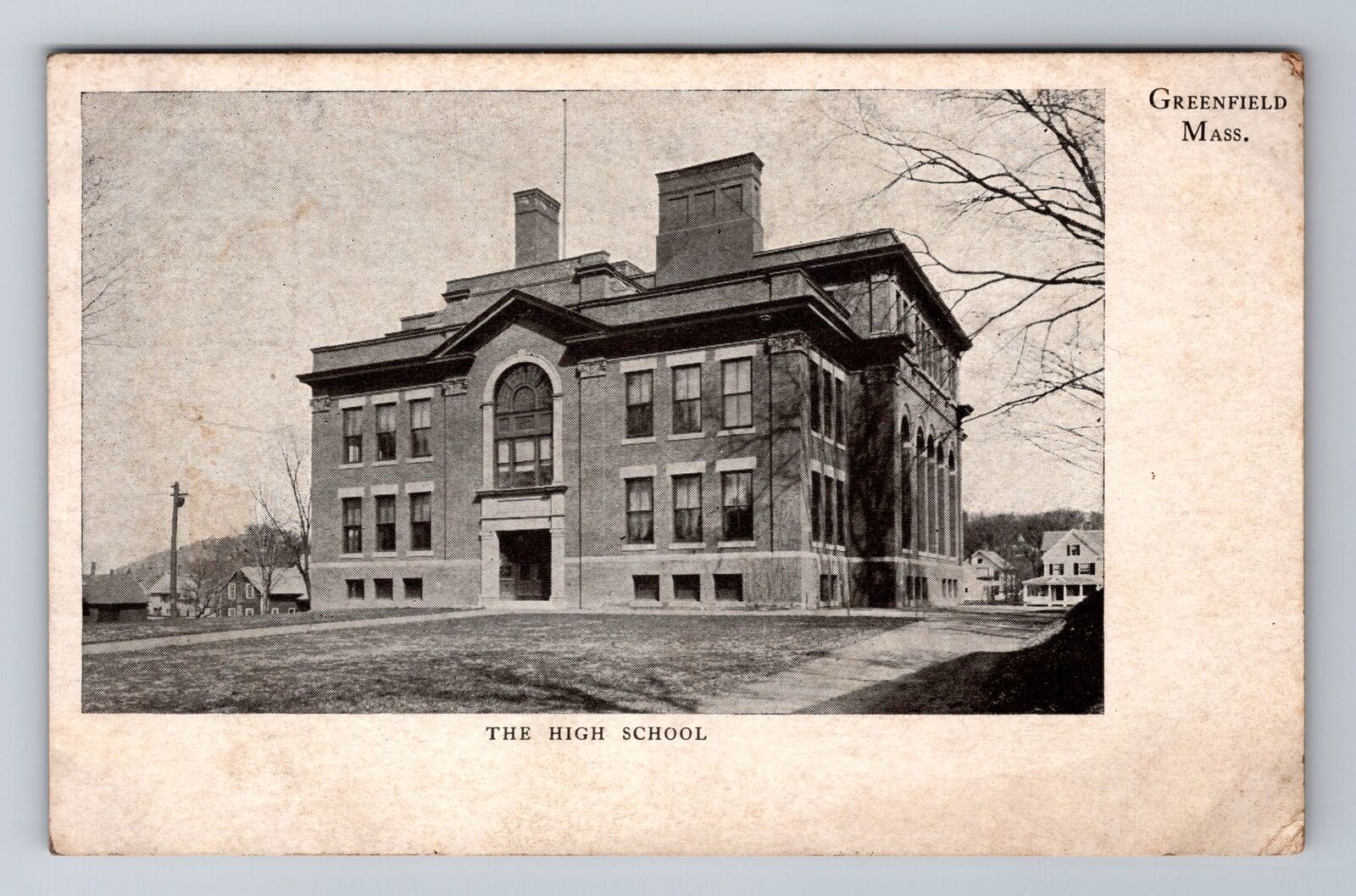 Greenfield MA-Massachusetts, The High School, Antique Vintage Souvenir Postcard