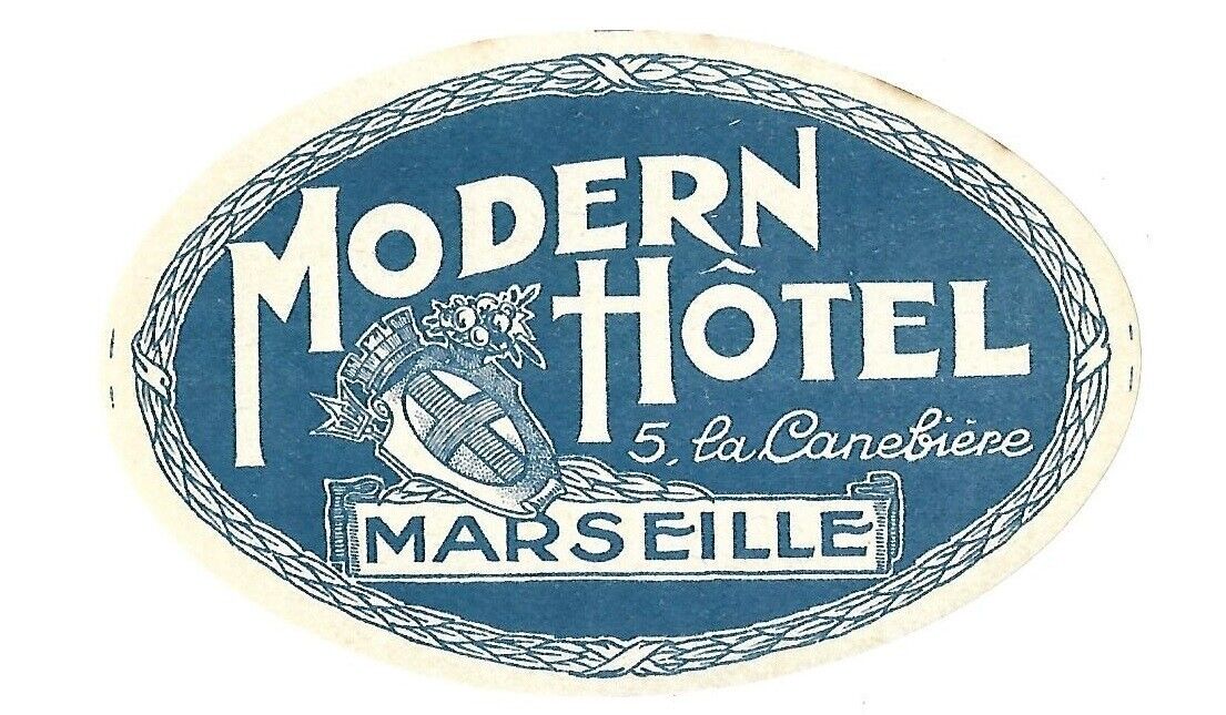 Authentic Vintage Luggage Label ~ MODERN HOTEL ~ Marseille, Franc