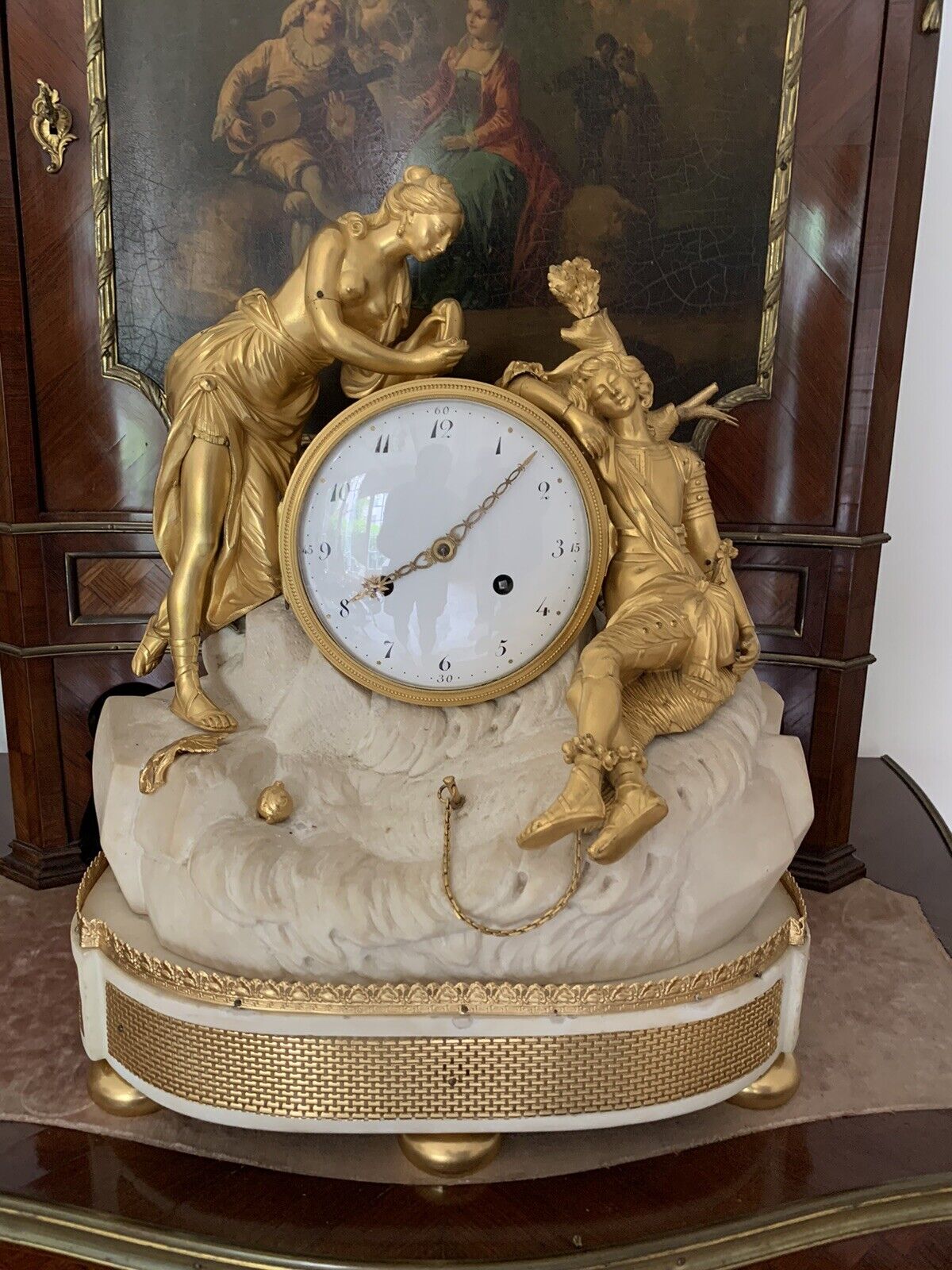 ANTIQUE FRENCH 19 TH CENTURY GILDED BRONZE & MARBEL  EMPIRE CLOCK