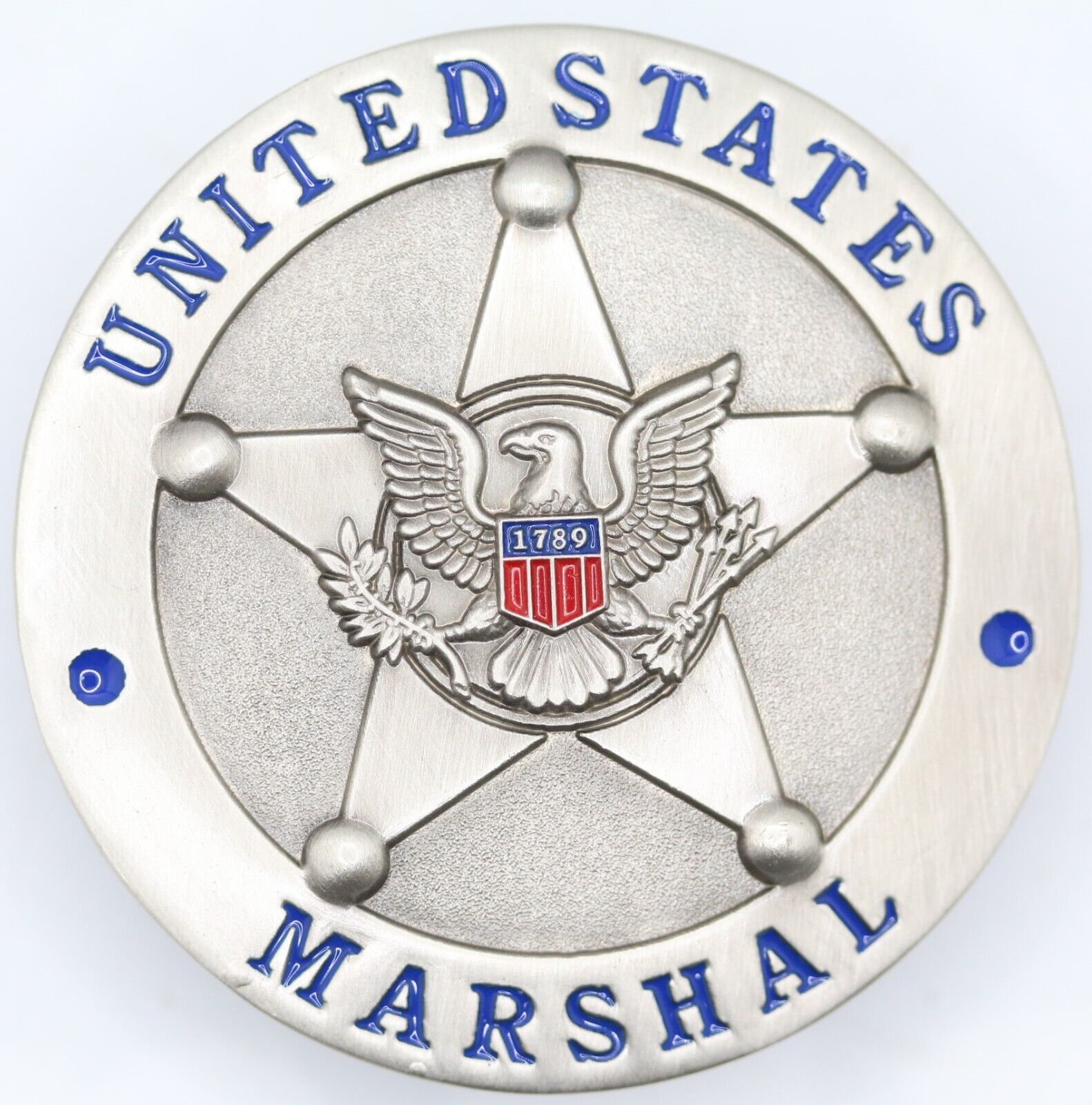 U.S. Marshal Badge Challenge Coin,  LET NO GUILTY MAN ESCAPE  engraved Silver