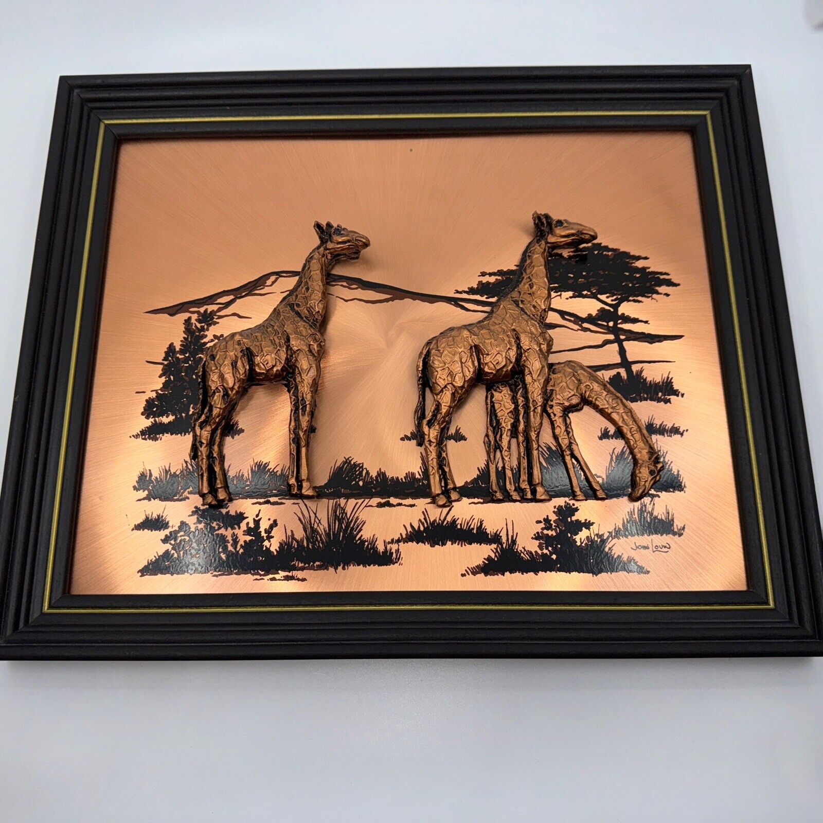 John Louw Copper Relief 3-D Art Three Giraffes 16” x  13” Framed Wall Art Signed
