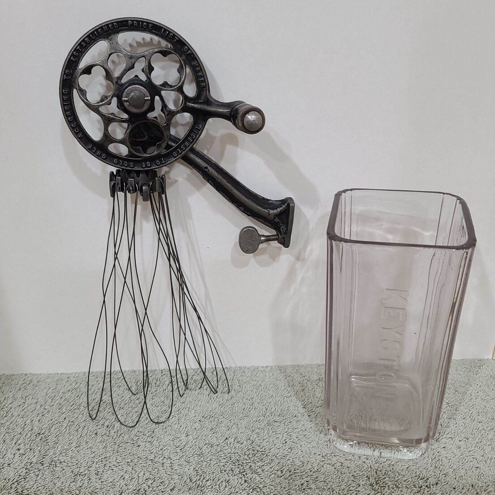 Antique Keystone Wall Mount Egg Beater with Correct Mixing Jar 1885 Patent