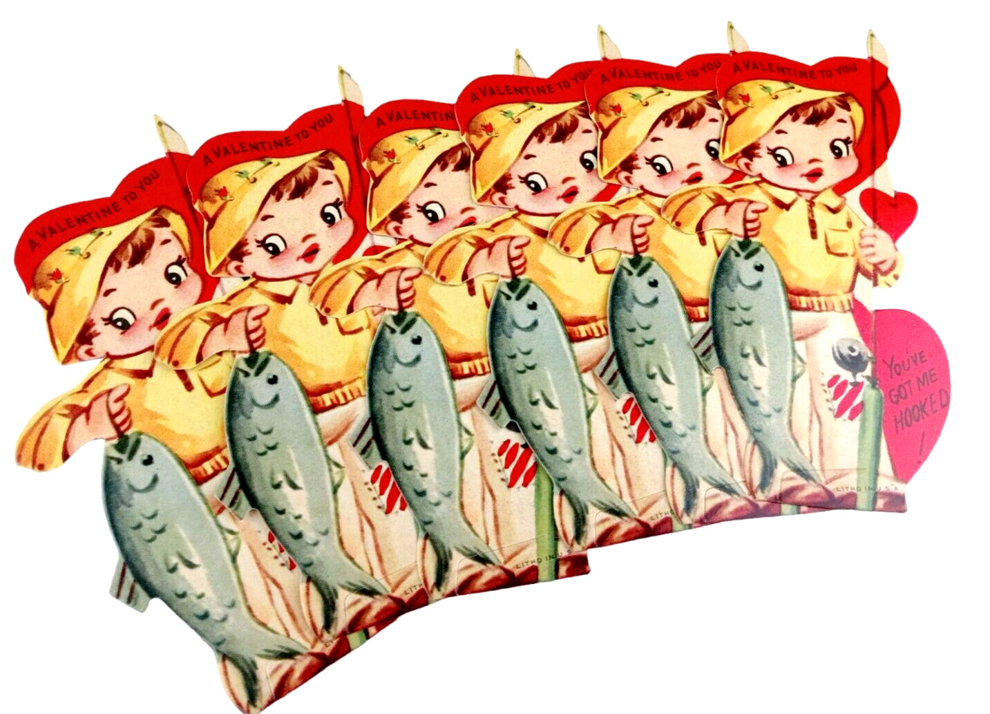 6 NOS 1940\'s Children\'s Valentines Day Card Stand-Up Boy Fish Fishing USA Litho