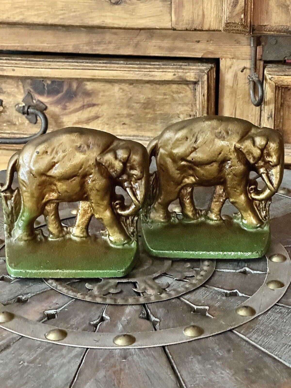 Pair of Cast Iron Handpainted Detailed Majestic Grazing Elephant Bookends